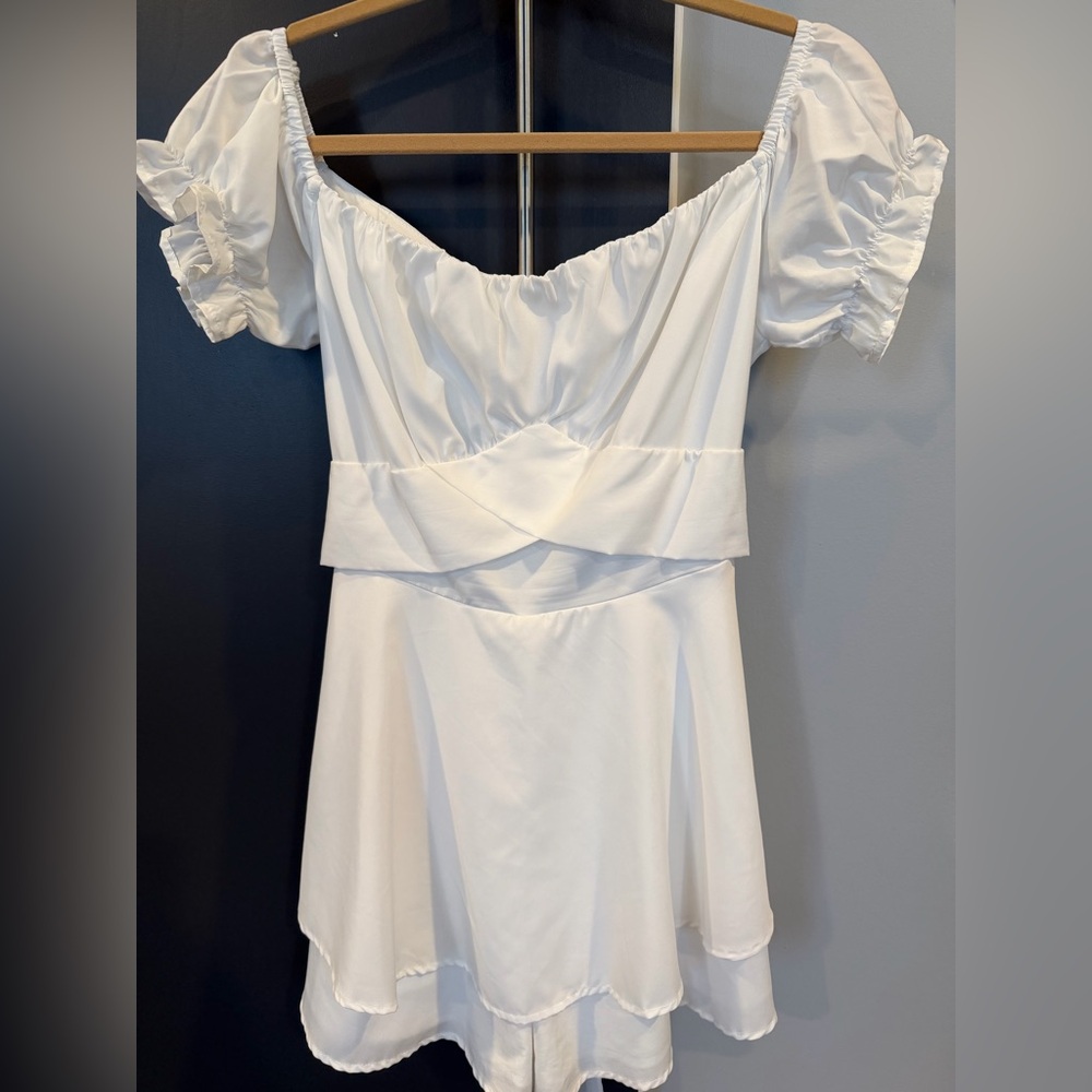 White Puff Sleeve Skort Romper Dress Size L Square Neck Bridal Shower EUC